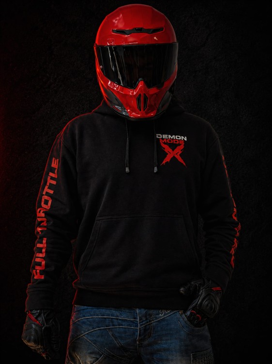 Bluza motocyklowa DEMON MODE FEARLESS z logo na piersi w czerwono-białej kolorystyce.