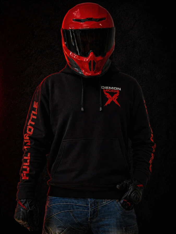 Bluza motocyklowa DEMON MODE FEARLESS z logo na piersi w czerwono-białej kolorystyce.