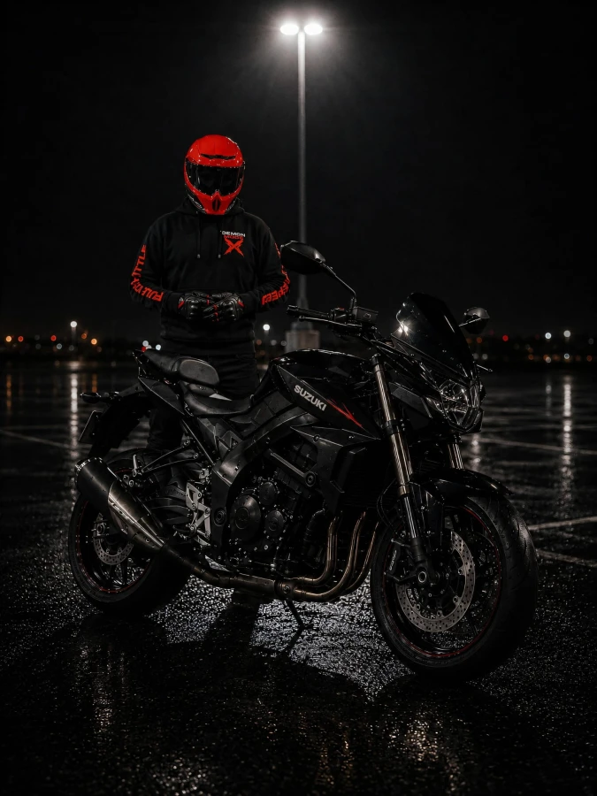 Bluza DEMON MODE FEARLESS prezentowana przy motocyklu Suzuki GSX-S750 w nocnym klimacie.