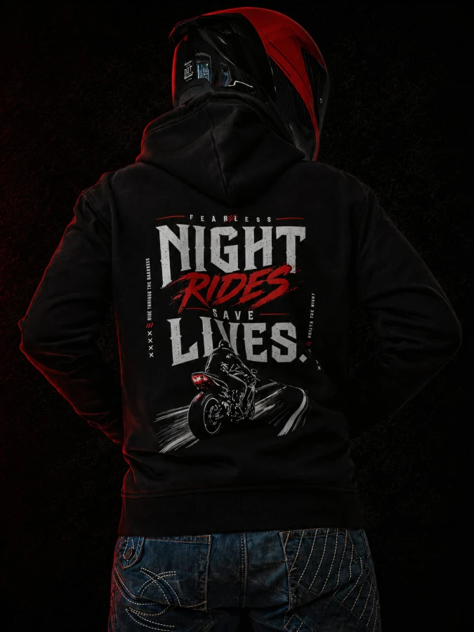 Bluza Night Rides Save Lives FEARLESS z dużym motocyklowym nadrukiem na plecach.