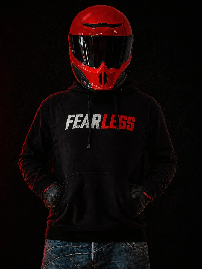 Bluza motocyklowa Night Rides Save Lives FEARLESS z logo na piersi i czerwonym kaskiem.