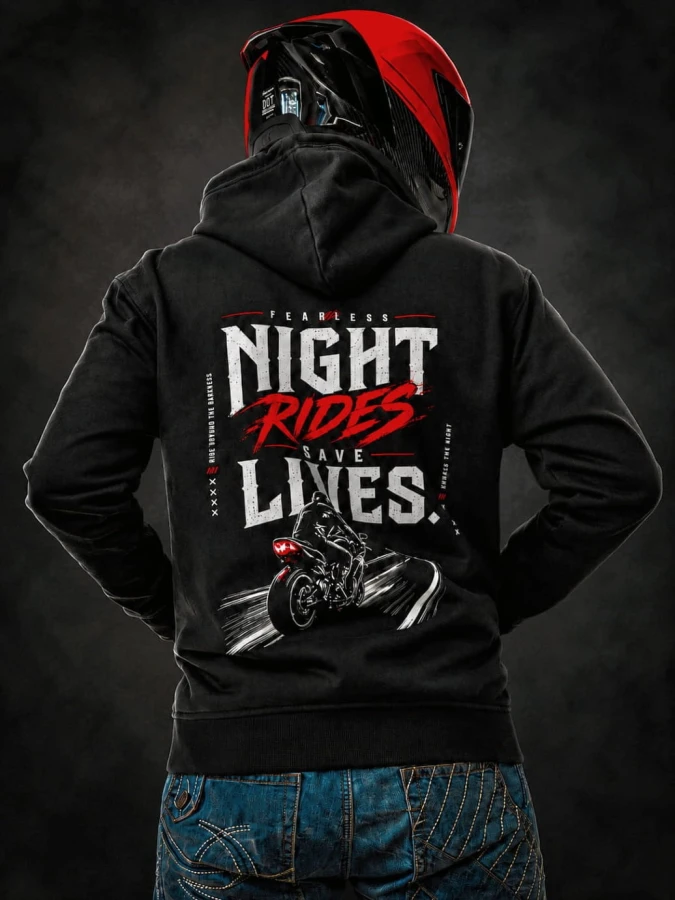 Bluza Night Rides Save Lives FEARLESS z dużym motocyklowym nadrukiem na plecach.