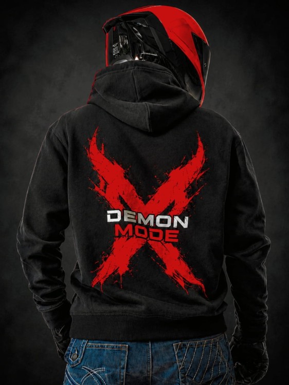 Bluza DEMON MODE FEARLESS z dużym motocyklowym nadrukiem na plecach.