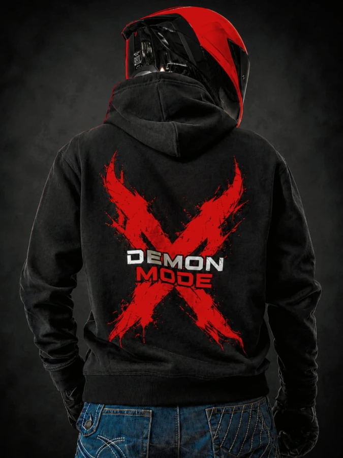 Bluza DEMON MODE FEARLESS z dużym motocyklowym nadrukiem na plecach.