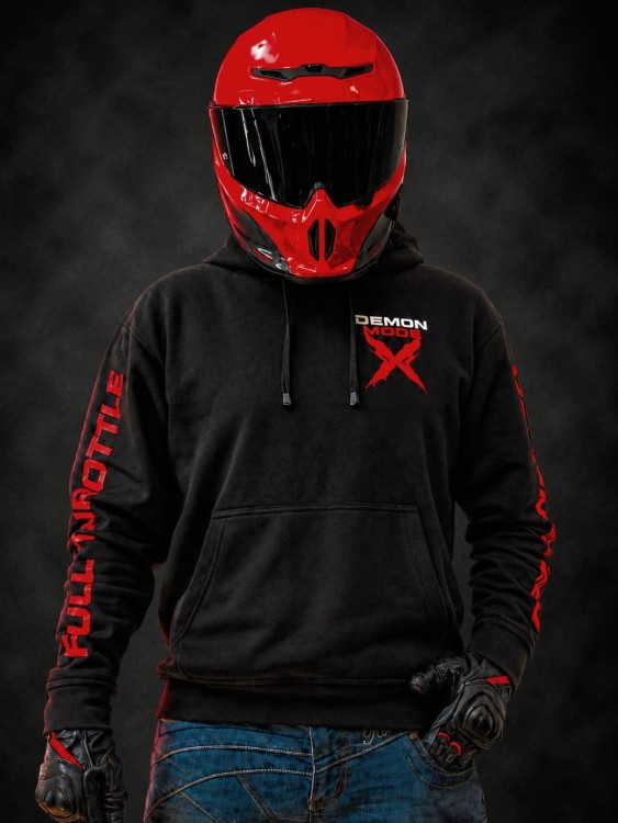 Bluza motocyklowa DEMON MODE FEARLESS z logo na piersi w czerwono-białej kolorystyce.