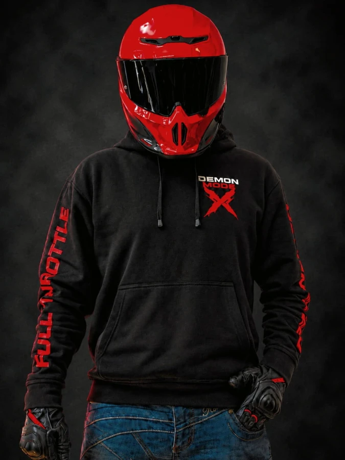 Bluza motocyklowa DEMON MODE FEARLESS z logo na piersi w czerwono-białej kolorystyce.