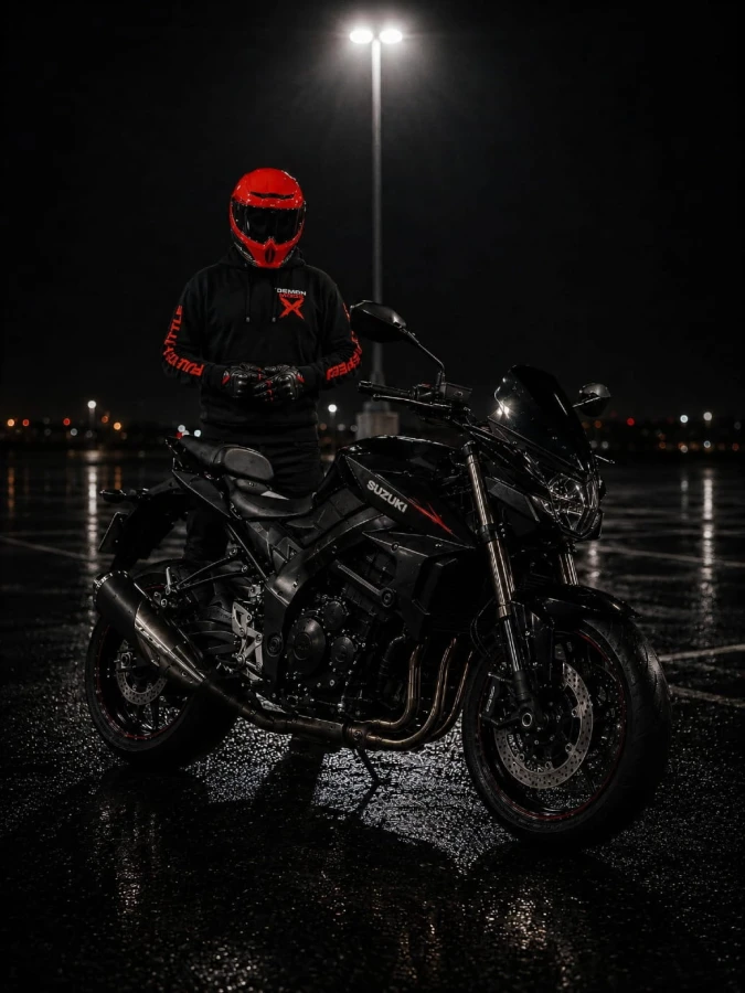 Bluza DEMON MODE FEARLESS prezentowana przy motocyklu Suzuki GSX-S750 w nocnym klimacie.