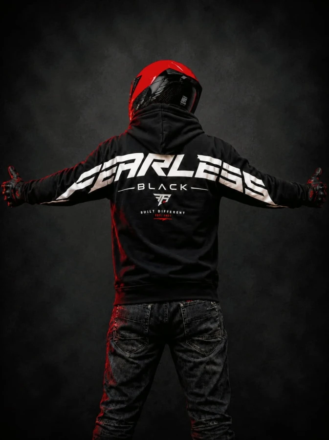 Bluza FEARLESS BLACK z dużym nadrukiem na plecach i rękawach w stylu racing motorsport, premium dark moto streetwear.
