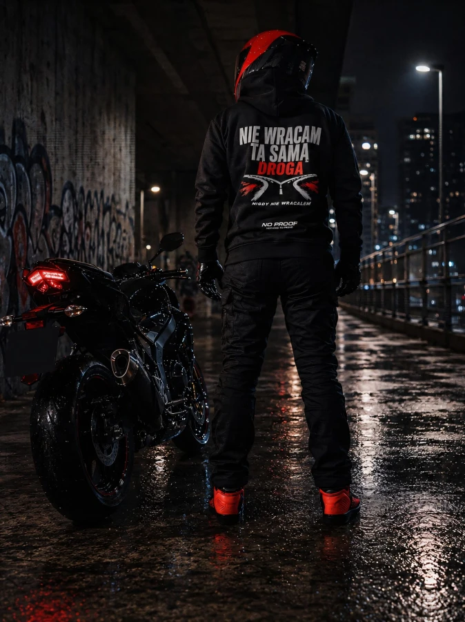 Czarna bluza motocyklowa NO PROOF dla motocyklistów – nocna sesja z motocyklem sportowym i dużym nadrukiem na plecach.