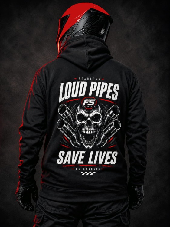 Bluza motocyklowa LOUD PIPES SAVE LIVES z dużym nadrukiem czaszki i wydechów motocyklowych na plecach.