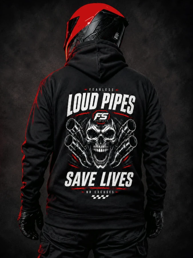 Bluza motocyklowa LOUD PIPES SAVE LIVES z dużym nadrukiem czaszki i wydechów motocyklowych na plecach.