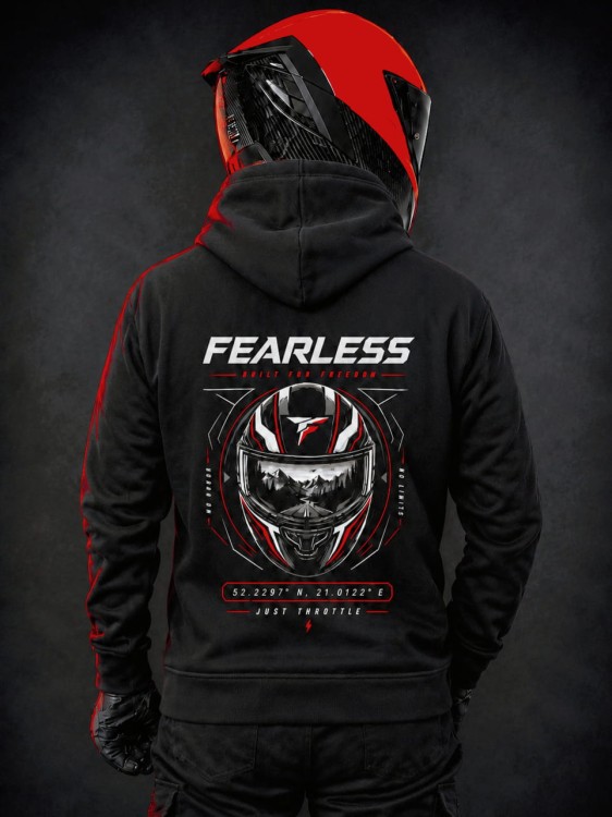 Bluza motocyklowa FEARLESS Built For Freedom z dużym nadrukiem kasku motocyklowego i napisem FEARLESS na plecach.