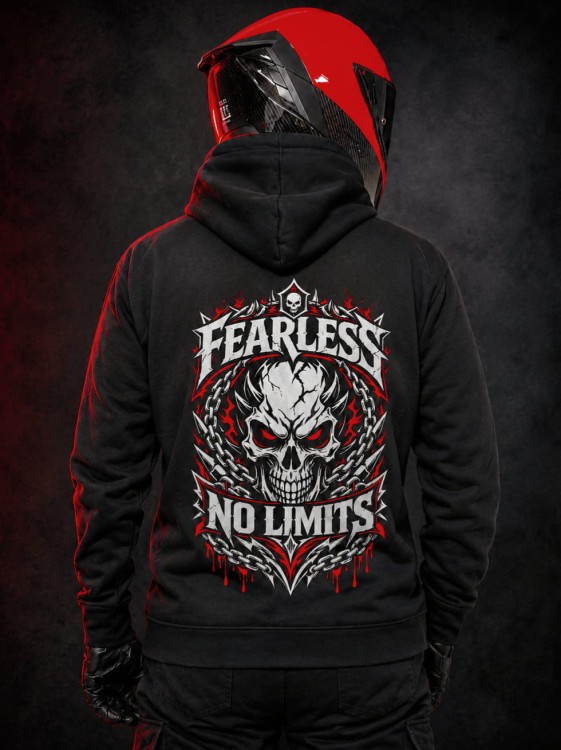 Bluza motocyklowa FEARLESS NO LIMITS z dużym nadrukiem czaszki i napisem NO LIMITS na plecach.