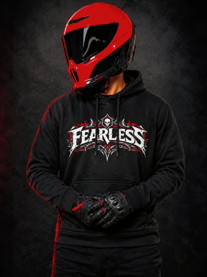 Czarna bluza motocyklowa FEARLESS NO LIMITS dla motocyklistów z logo FEARLESS na piersi.