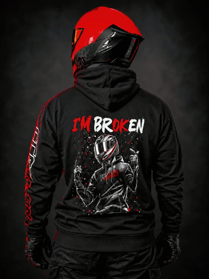 Bluza motocyklowa FEARLESS I'M BROKEN z dużym nadrukiem motocyklisty i napisem I'M BROKEN na plecach.