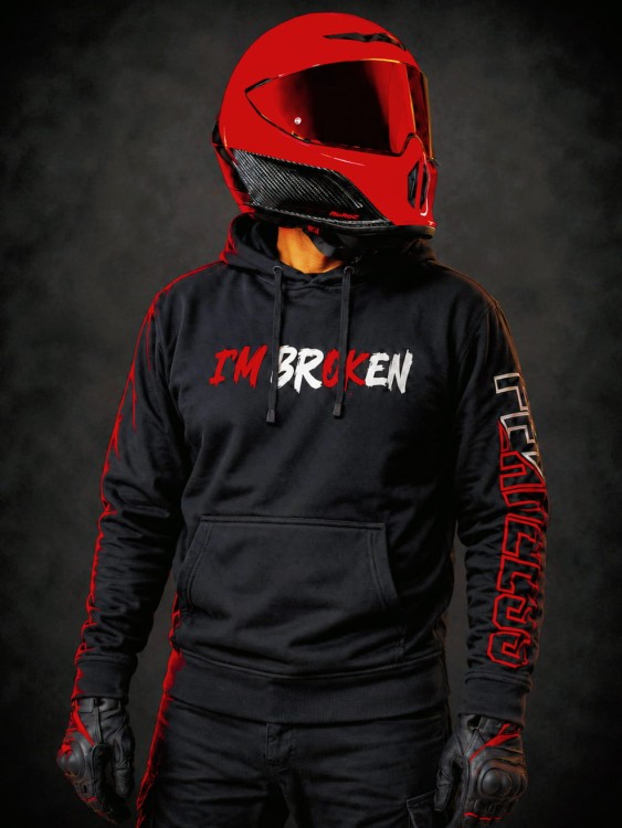 Czarna bluza motocyklowa FEARLESS I'M BROKEN z kapturem i nadrukiem na piersi.