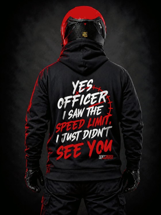 Bluza motocyklowa FEARLESS YES OFFICER z dużym humorystycznym nadrukiem na plecach dla motocyklistów.