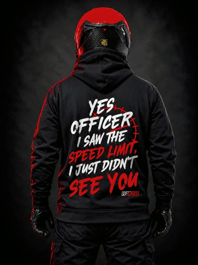 Bluza motocyklowa FEARLESS YES OFFICER z dużym humorystycznym nadrukiem na plecach dla motocyklistów.