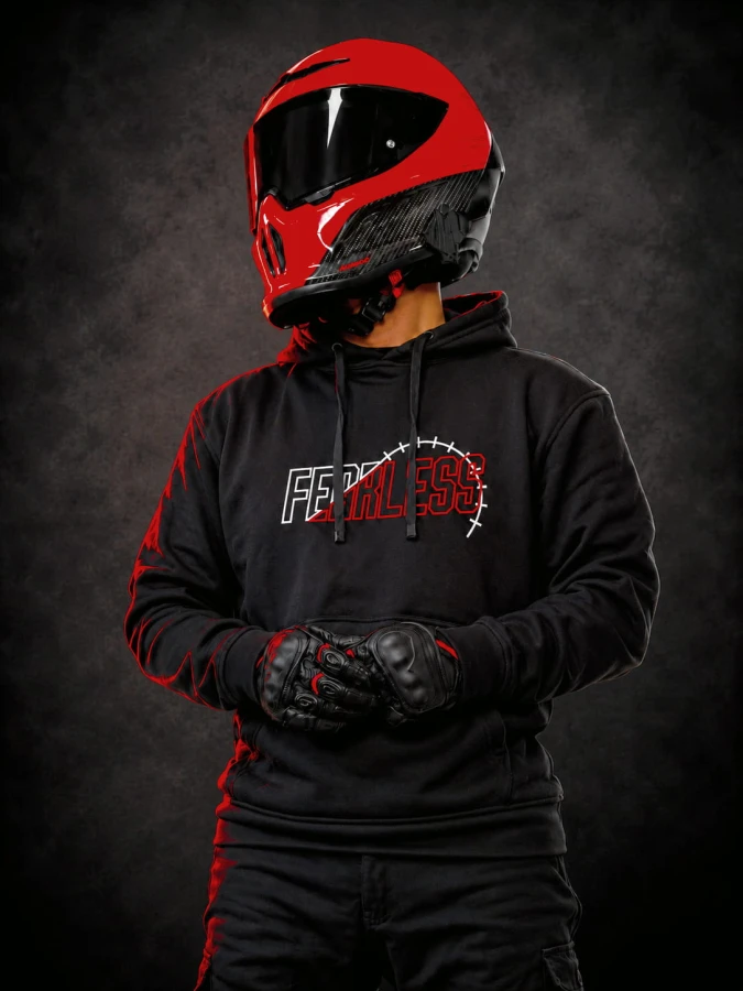 Czarna bluza motocyklowa FEARLESS YES OFFICER z kapturem i logo FEARLESS na piersi.