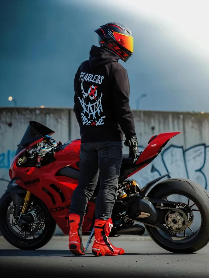 Duży nadruk FEARLESS RIDE OR DIE z charakterystyczną grafiką na plecach bluzy motocyklowej.
