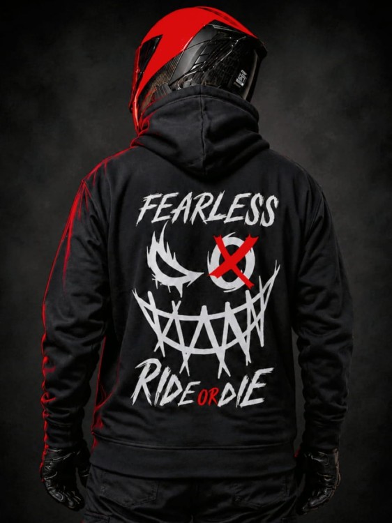 Bluza motocyklowa FEARLESS RIDE OR DIE z dużym nadrukiem i hasłem Ride Or Die na plecach.