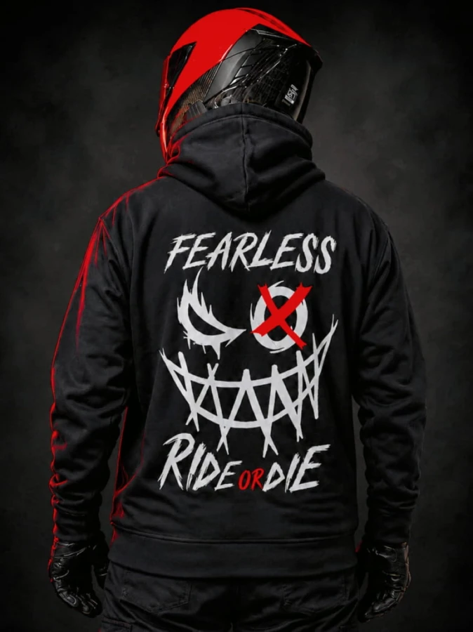 Bluza motocyklowa FEARLESS RIDE OR DIE z dużym nadrukiem i hasłem Ride Or Die na plecach.