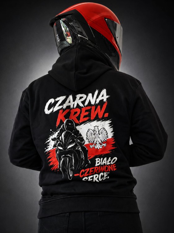 Grafika na plecach bluzy motocyklowej POLSKA KREW BIAŁO-CZERWONE SERCE.