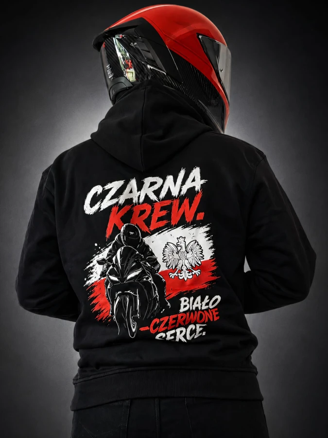 Grafika na plecach bluzy motocyklowej POLSKA KREW BIAŁO-CZERWONE SERCE.