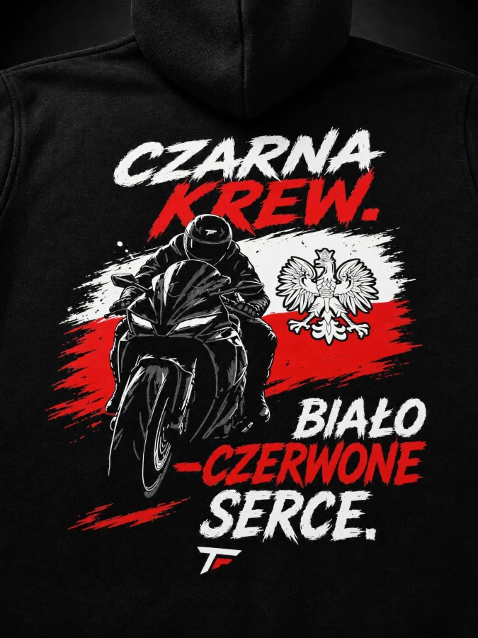Bluza motocyklowa FEARLESS z grafiką POLSKA KREW BIAŁO-CZERWONE SERCE – widok z tyłu.