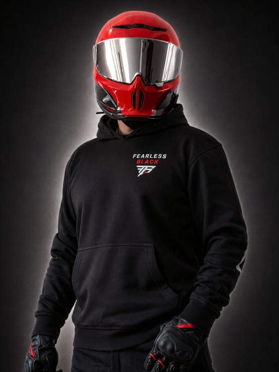 Bluza FEARLESS BLACK dla motocyklisty – przód na modelu