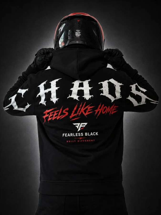 Bluza FEARLESS BLACK CHAOS FEELS LIKE HOME – widok z tyłu na modelu.