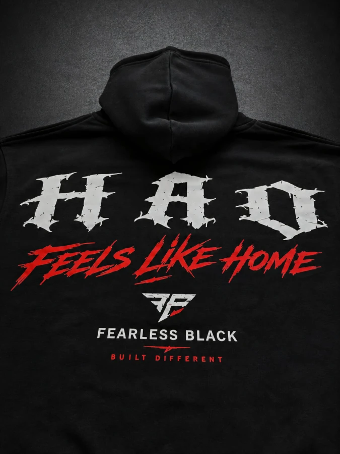 Bluza motocyklowa FEARLESS BLACK CHAOS FEELS LIKE HOME – widok 3/4 z tyłu.