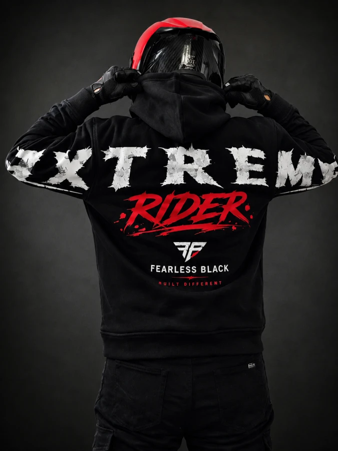 Bluza EXTREME RIDER FEARLESS BLACK na motocykliście – widok z tyłu