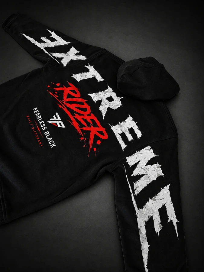 Czarna bluza EXTREME RIDER FEARLESS BLACK rozłożona – nadruk na plecach i rękawach