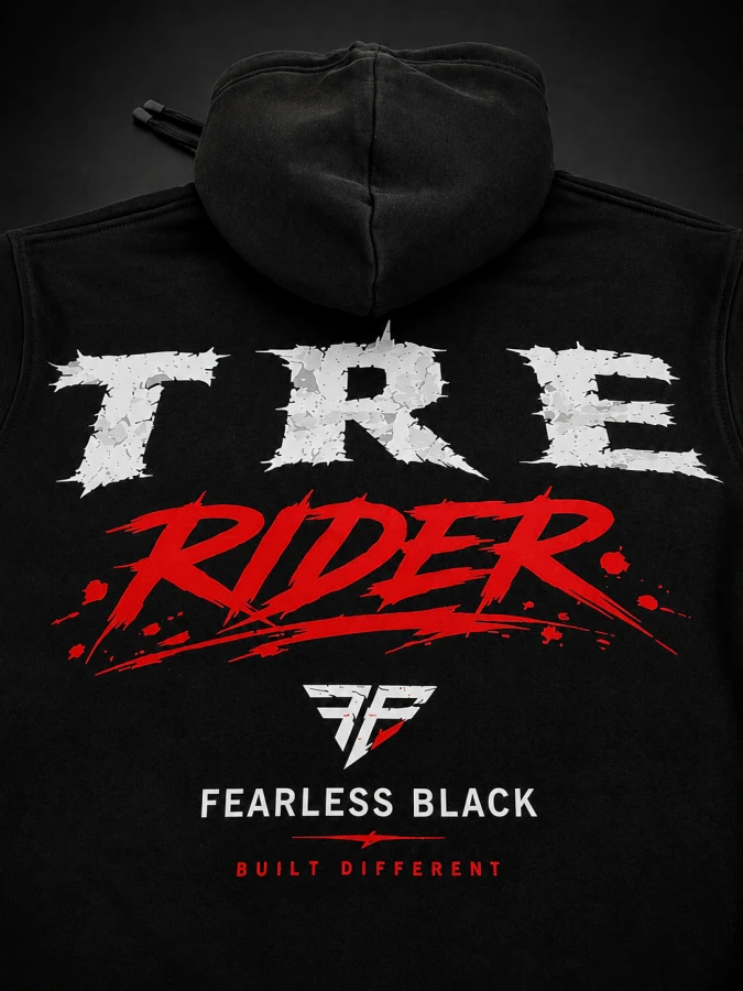 Nadruk EXTREME RIDER na plecach czarnej bluzy motocyklowej FEARLESS BLACK