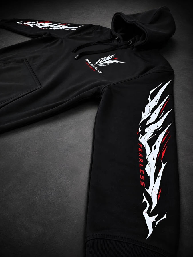 Czarna bluza motocyklowa DARK CREST 01 rozłożona – nadruk na rękawach i przodzie