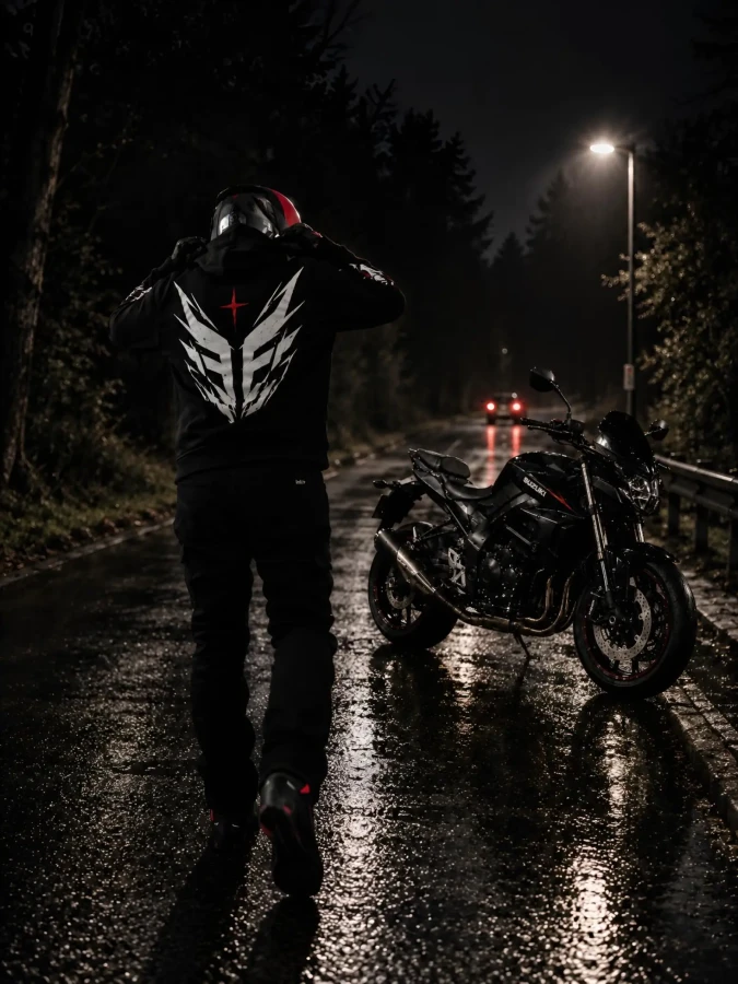 Bluza motocyklowa DARK CREST 01 FEARLESS BLACK przy motocyklu nocą
