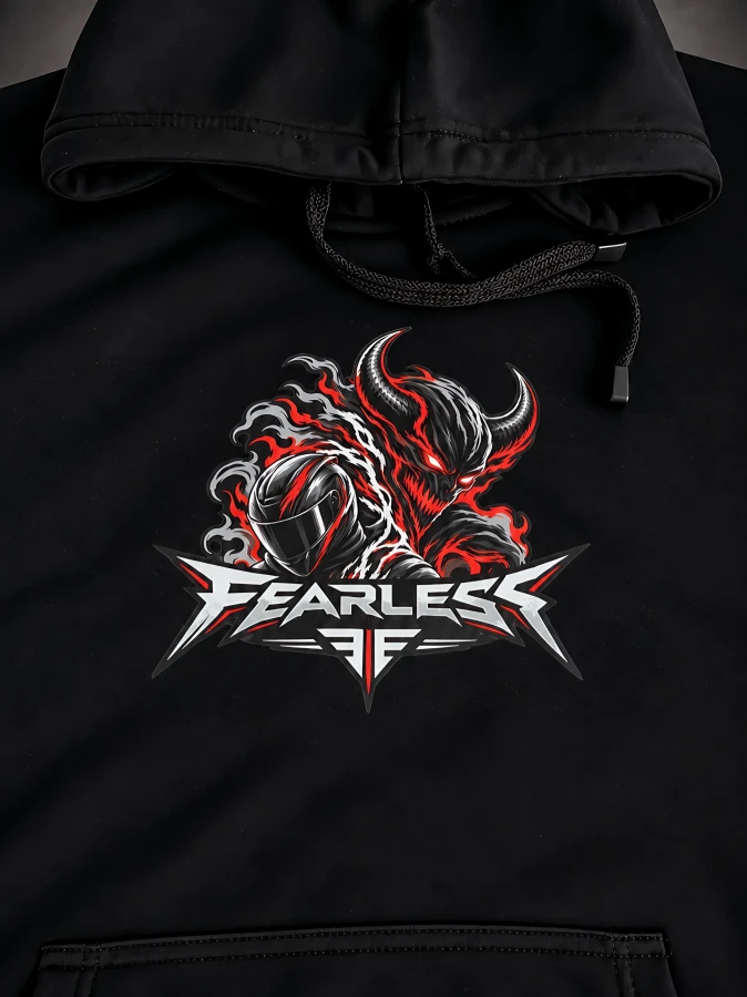 Detal nadruku FEARLESS UNLEASHED na przodzie czarnej bluzy motocyklowej