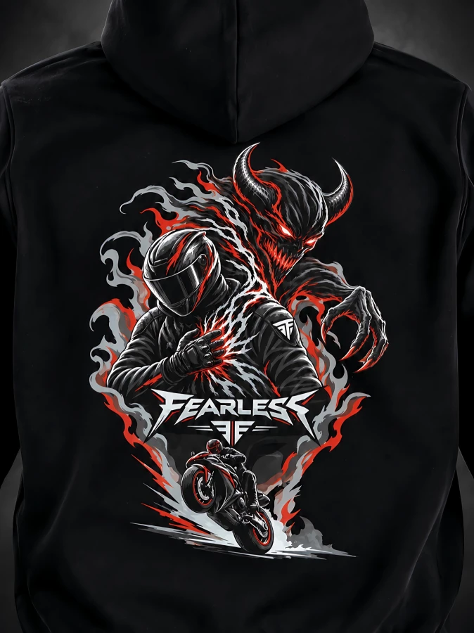Duży nadruk FEARLESS UNLEASHED z riderem i demoniczną postacią na plecach bluzy