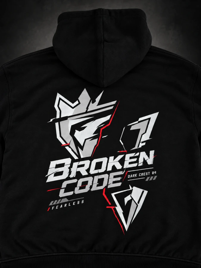 Duży nadruk BROKEN CODE DARK CREST 04 na plecach czarnej bluzy