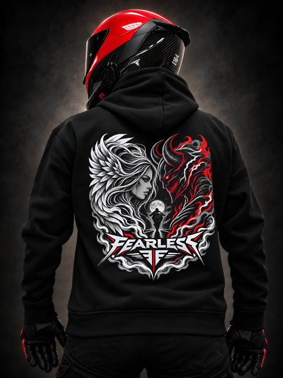 Bluza FEARLESS DUAL NATURE, widok z tyłu z dużym nadrukiem anioła i demona