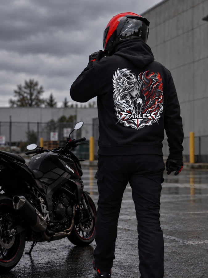Czarna bluza motocyklowa DUAL NATURE przy motocyklu, widok z tyłu