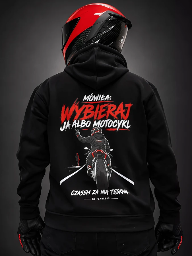Czarna bluza motocyklowa Mówiła wybieraj ja albo motocykl FEARLESS, widok z tyłu na modelu