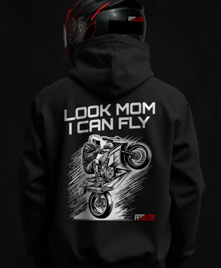 Look mom I can fly, męska bluza motocyklowa, bluza dla motocyklisty, bluzy dla motocyklistów, bluzy motocyklowe, bluza na motor, na prezent dla motocyklisty, bluza fearless, bluzy fearless, bluza motocyklowa, back.webp