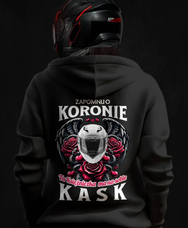 Zapomnij o koronie ta księżniczka ma na sobie kask, damska bluza motocyklowa, bluza dla motocyklistki, bluzy dla motocyklistek, bluzy motocyklowe, bluza na motor, bluza fearless, bluzy fearless, bluza motocyklowa, back.webp