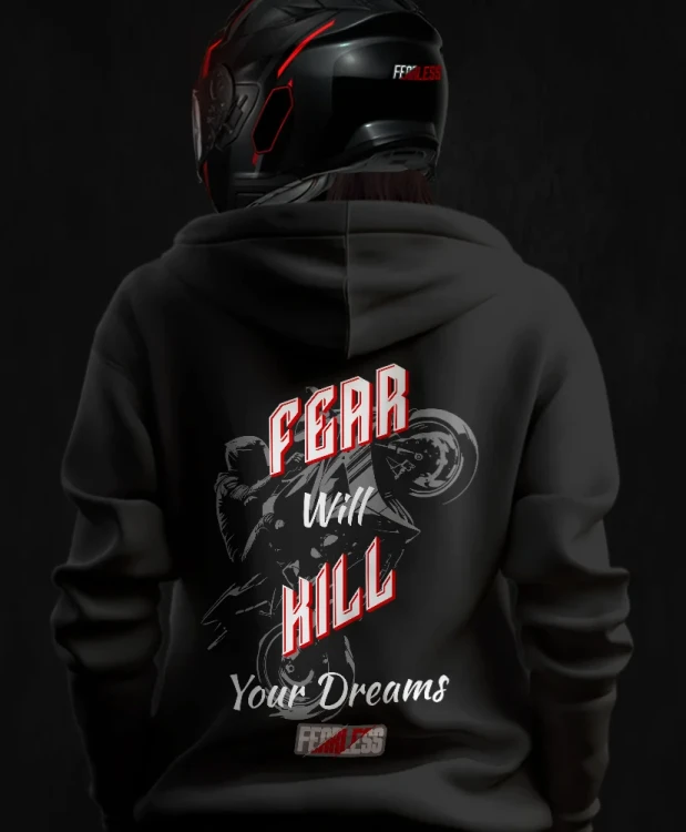 Fear will kill your dreams, damska bluza motocyklowa, bluza dla motocyklistki, bluzy dla motocyklistek, bluzy motocyklowe, bluza na motor, na prezent dla motocyklisty, bluza fearless, bluzy fearless, bluza motocyklowa, back.webp