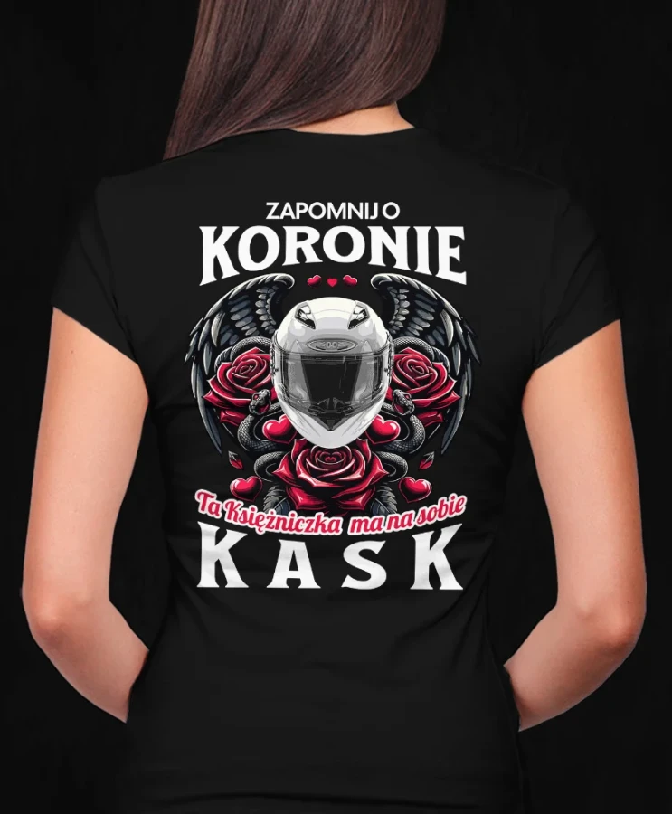 Zapomnij o koronie ta księżniczka ma na sobie kask, damska czarna  koszulka motocyklowa, koszulka dla motocyklistki, koszulki motocyklowe, koszulka na motor, koszulki fearless, koszulki motocyklowe.webp