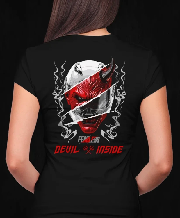 Devil inside, damska czarna  koszulka motocyklowa, koszulka dla motocyklistki, koszulki motocyklowe, koszulka na motor, koszulka fearless, koszulki fearless, koszulki motocyklowe.webp