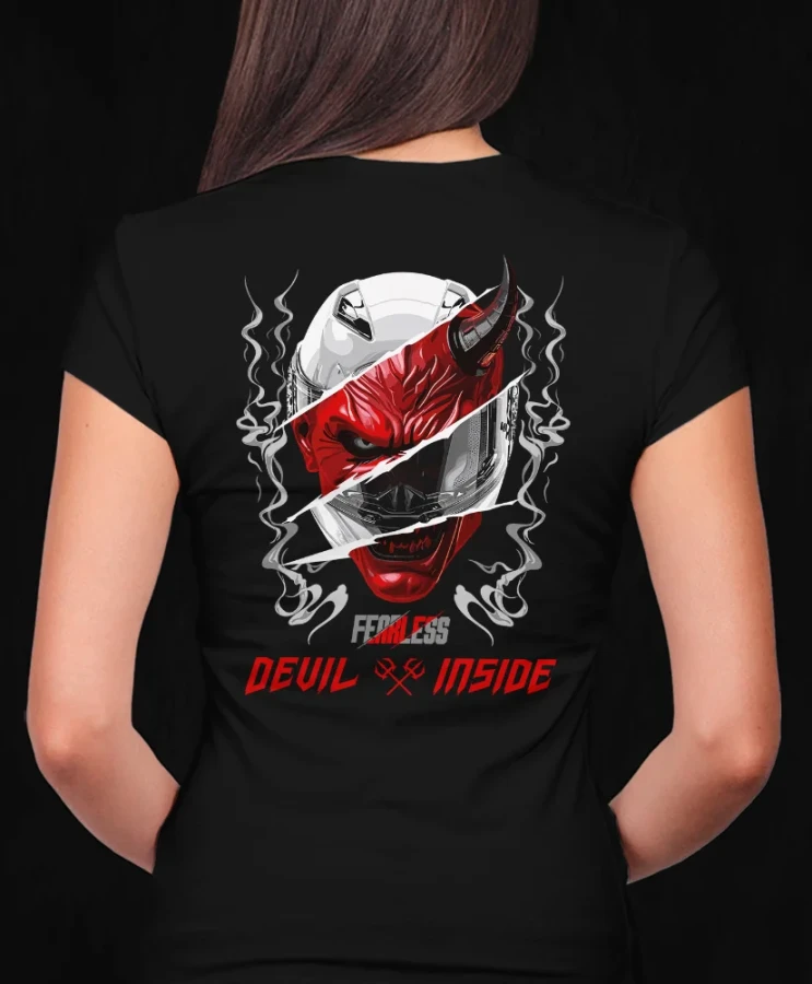 Devil inside, damska czarna  koszulka motocyklowa, koszulka dla motocyklistki, koszulki motocyklowe, koszulka na motor, koszulka fearless, koszulki fearless, koszulki motocyklowe.webp