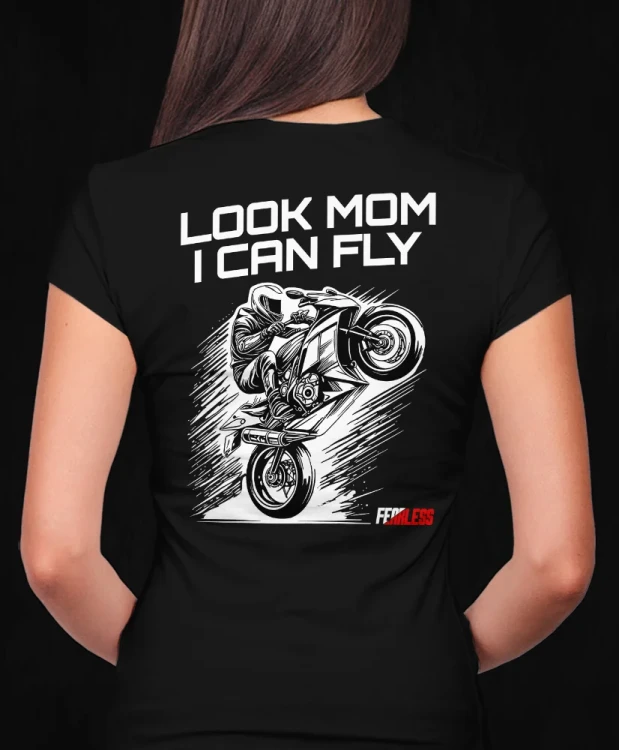 Look mom I can fly, damska czarna  koszulka motocyklowa, koszulka dla motocyklistki, koszulki motocyklowe, koszulka na motor, koszulka fearless, koszulki fearless, koszulki motocyklowe.webp